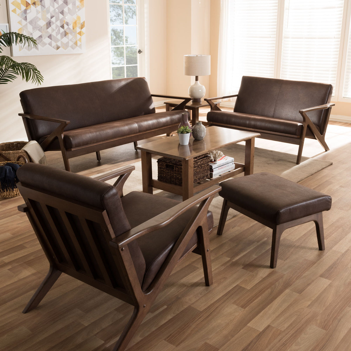 Bianca Mid-Century Modern Walnut Wood Dark Brown Distressed Faux Leather Livingroom Sofa Set