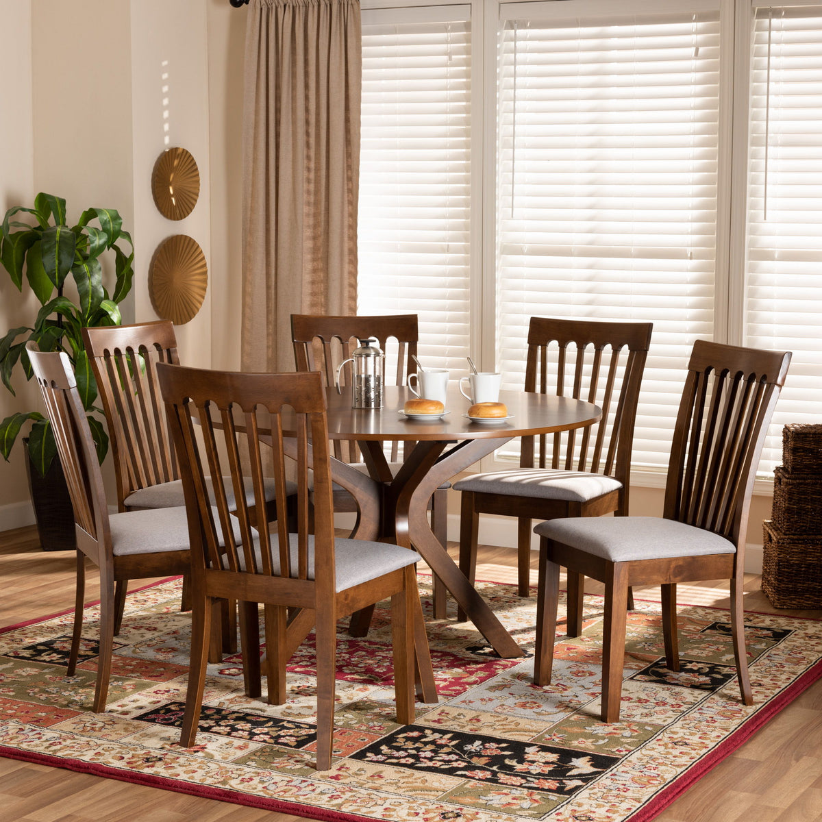 Lore Modern and Contemporary Grey Fabric Upholstered and Walnut Brown Finished Wood 7-Piece Dining Set