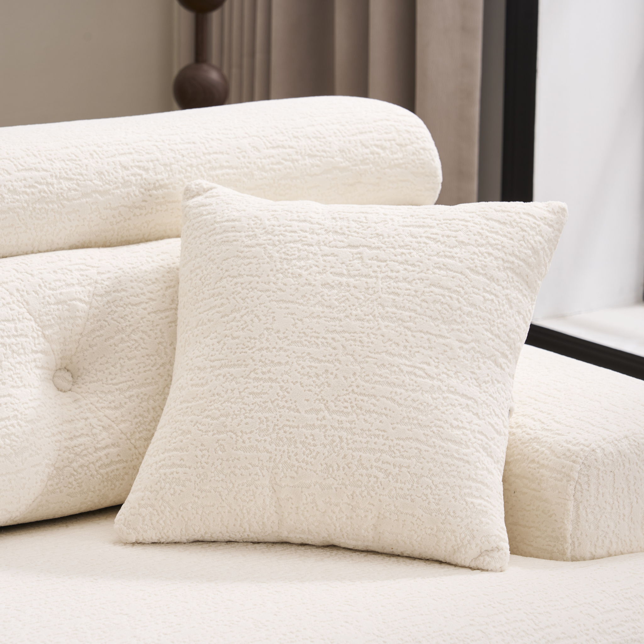 Ly 029B Convertible Chaise Sectional Sofa Full Compression Sponge Modular Couch Cloud 3 Seater Wood Grain Chenille 2 Pillows - Antique White