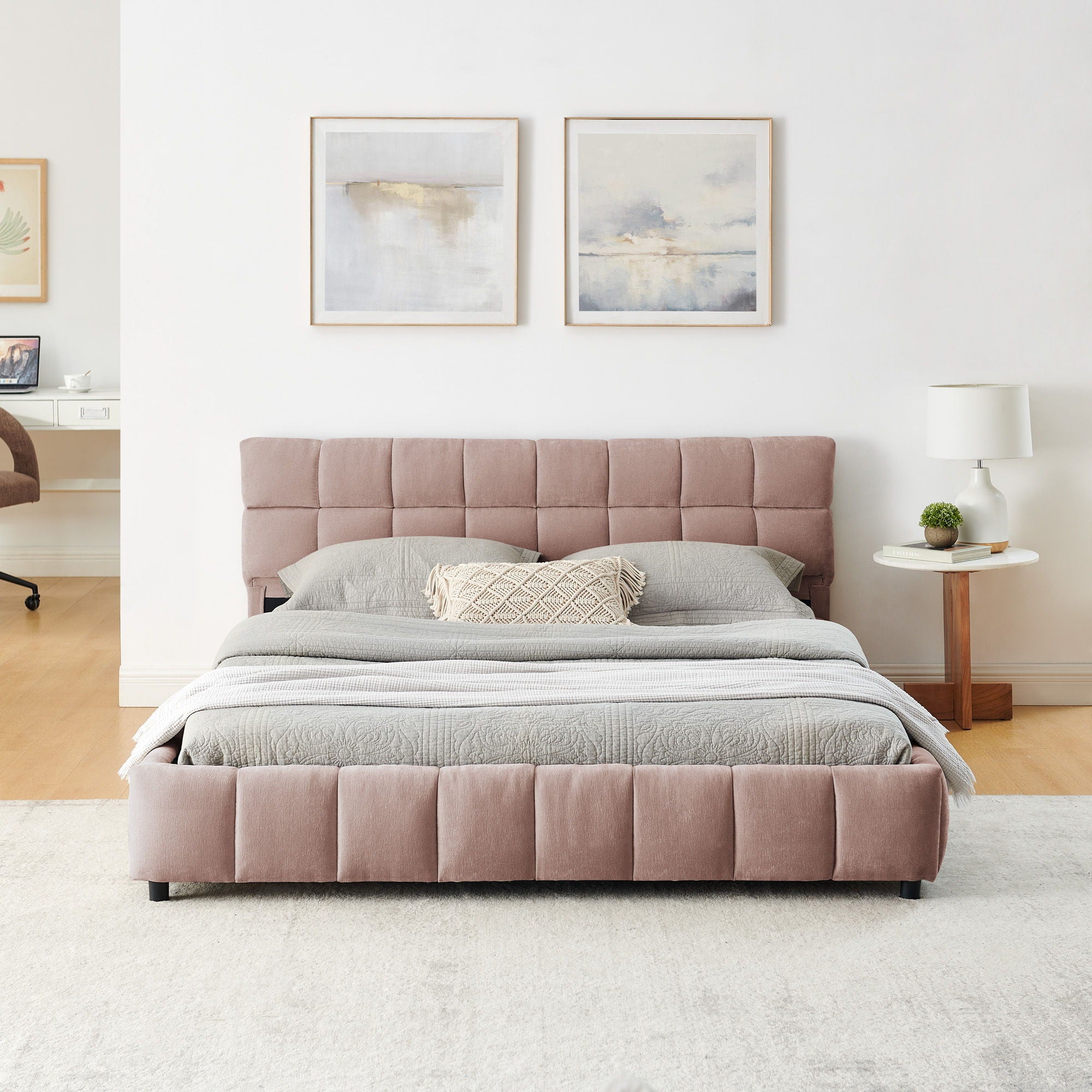 Modern Platform Bed Frame With Thick Chenille Fabric