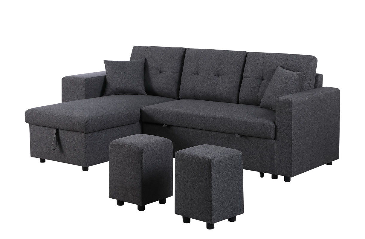 Dennis 93"W Dark Gray Linen Fabric Reversible Sleeper Sectional with Storage Chaise and 2 Stools
