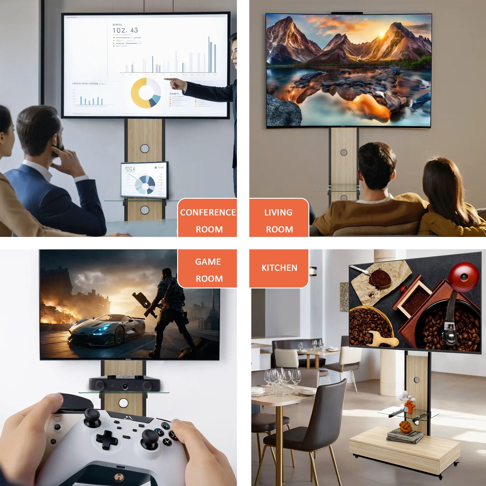 Mobile TV Cart With Push Pull Drawer, Lockable Wheels