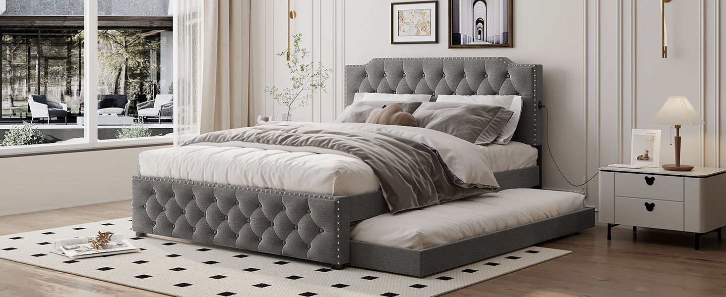 Upholstered Platform Bed With Trundle And 2 Sets Of USB Ports On Each Side, Linen Fabric
