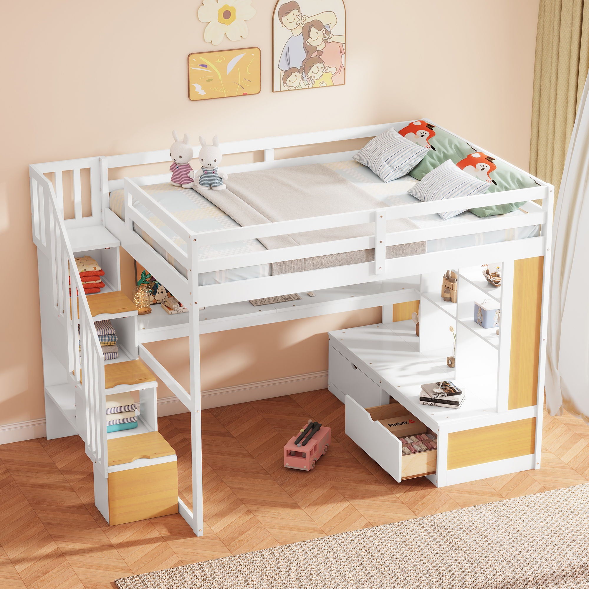 Full Size Loft Bed With Desk And Shelves, 2 Built In Drawers, Storage Staircase - Natural / White