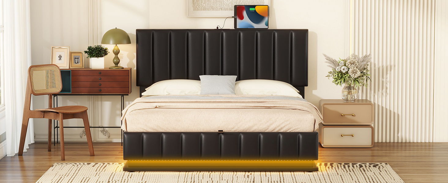 Upholstered Bed With Hydraulic Storage System And LED Light, With Sockets And USB Ports