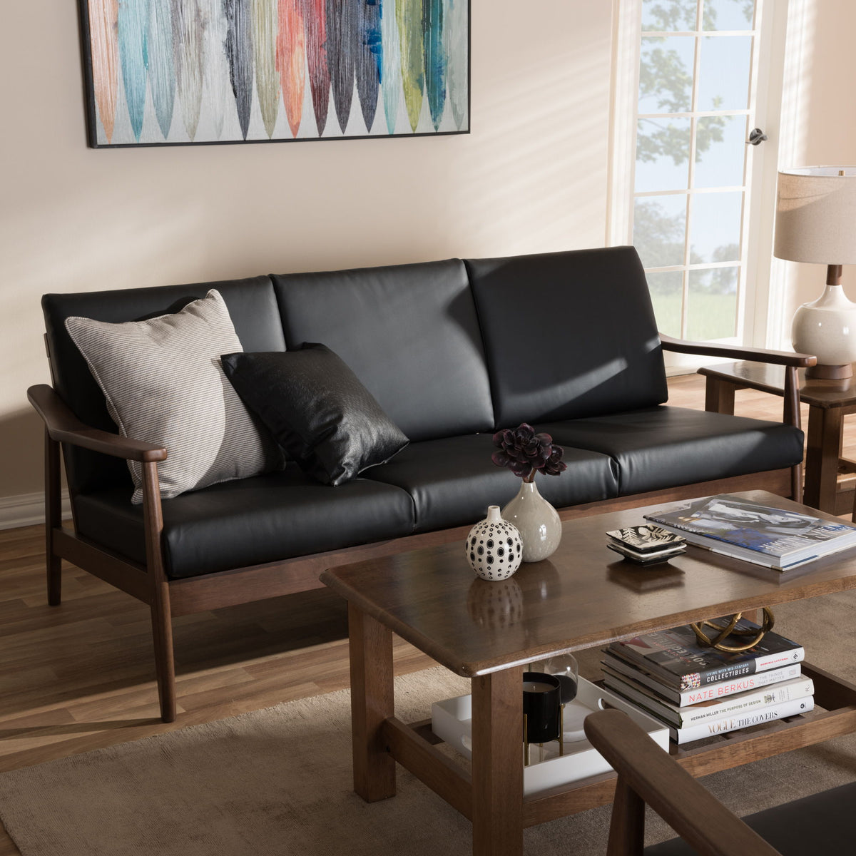 Venza Mid-Century Modern Walnut Wood Black Faux Leather 3-Seater Sofa