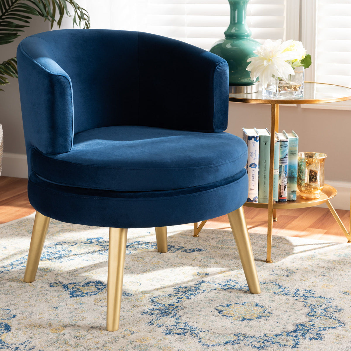 Baptiste Glam and Luxe Navy Blue Velvet Fabric Upholstered and Gold Finished Wood Accent Chair