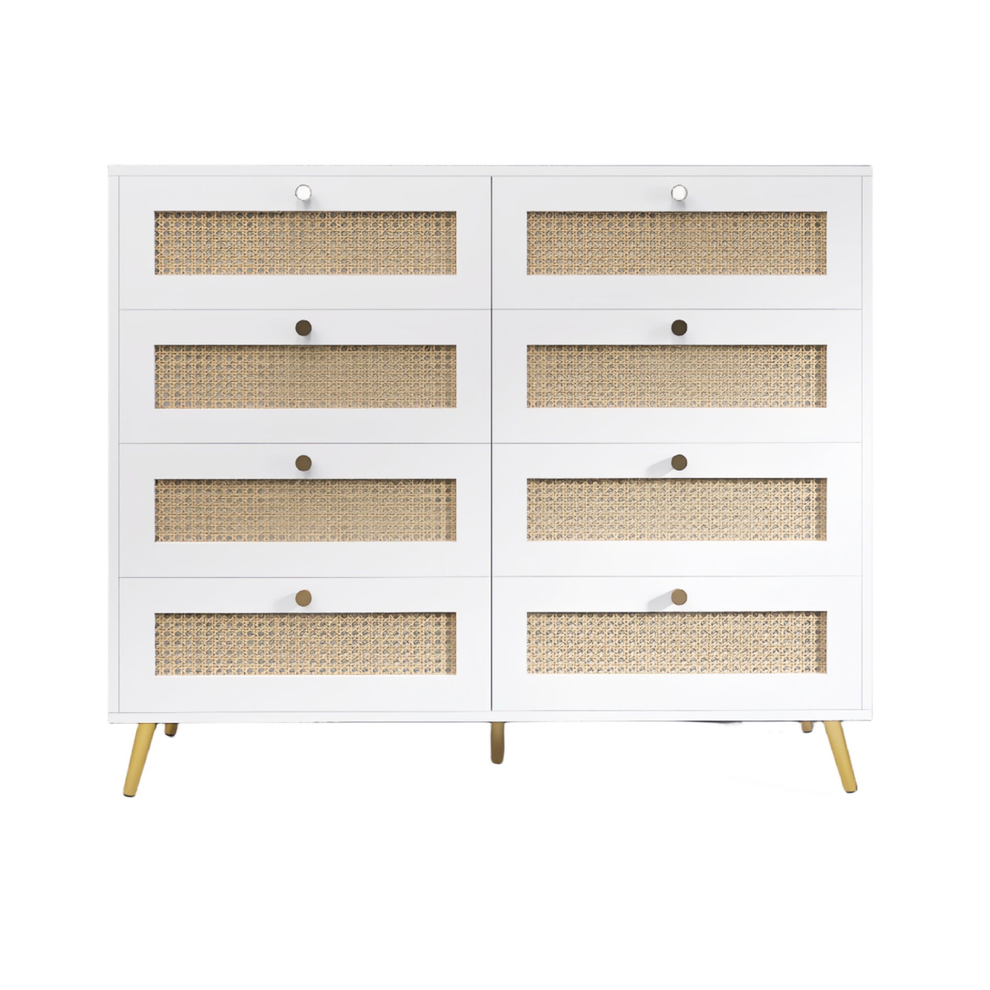 8 Drawers Chest Of Drawers With Rattan Drawer Face Golden Legs And Handles - White