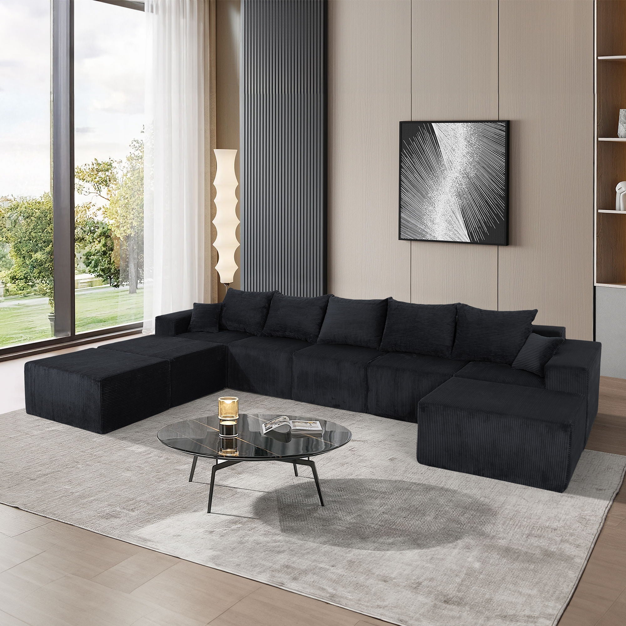 Luxury 8 Piece Modular U Shaped Sectional Sofa With Oversized Chaise Lounge And Bed Corduroy Upholstery