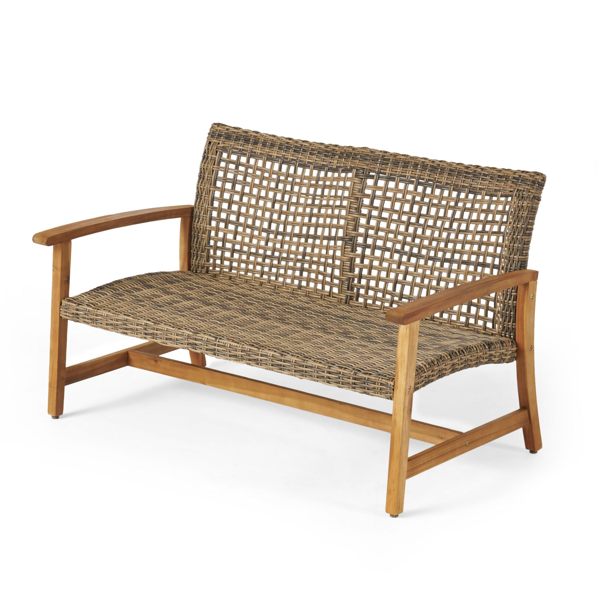 Outdoor Rattan Loveseat With Wooden Legs - Brown