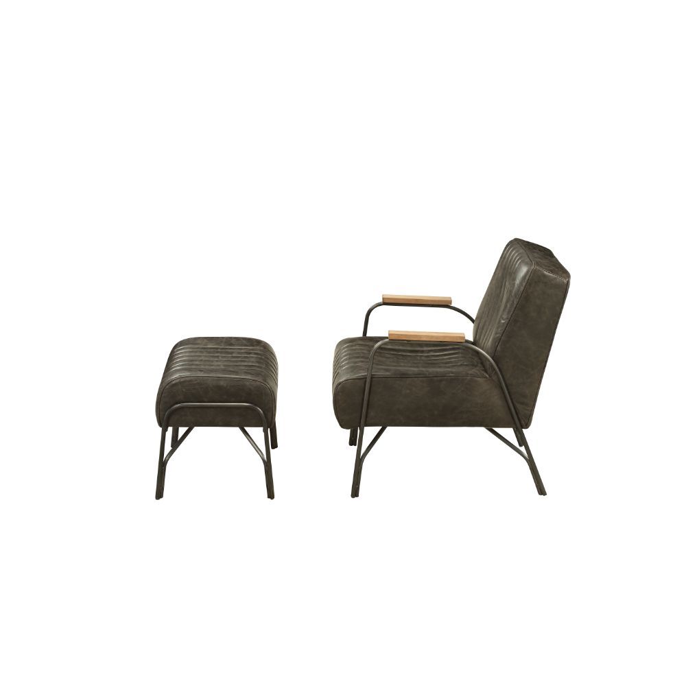 ACME The Sarahi accent chair with ottoman sets you up for a relaxing evening. Constructed with full foam cushions upholstered in top grain leather, the Sarahi is supported by airy metal curved armrests and legs. | Meri Furniture