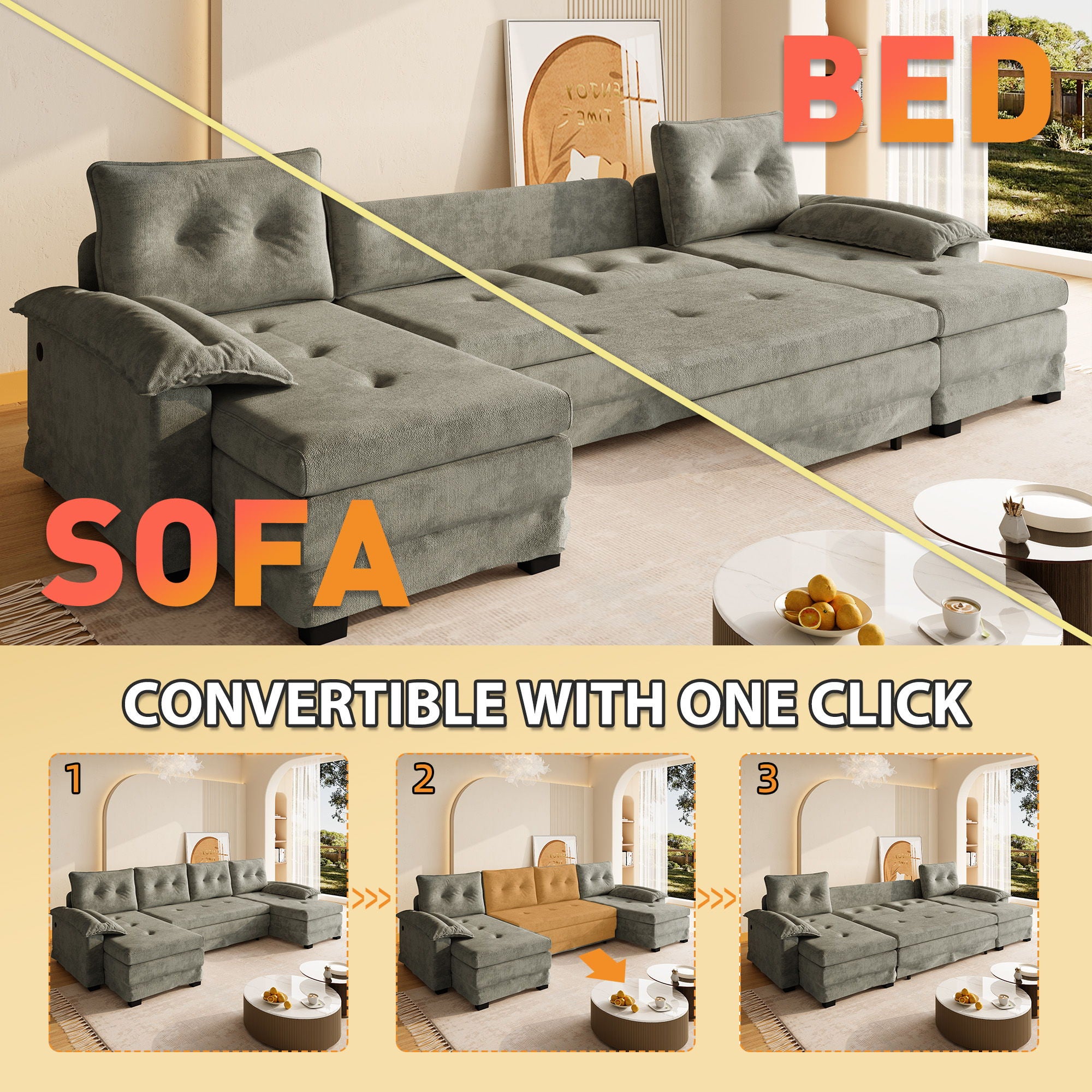 U-Shaped Sleeper Sofa With Pull Out Bed, Removable Armrests & USB Ports For Living Room