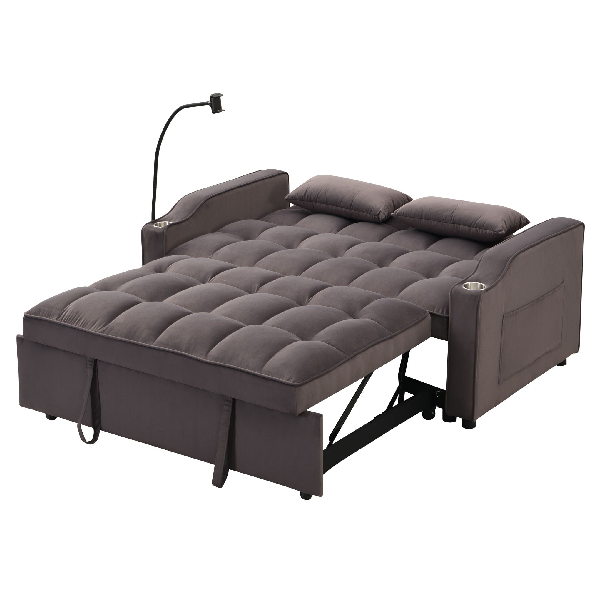 Modern Velvet Loveseat Futon Sofa With Pullout Bed, Adjustable Reclining Backrest, Toss Pillows