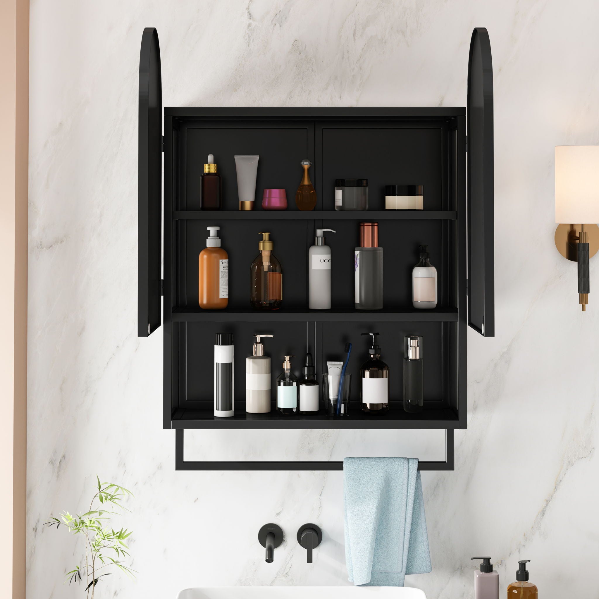 Double Arched Mirror Wall Cabinet With 2 Doors, Featuring Adjustable Shelves And Towel Rack