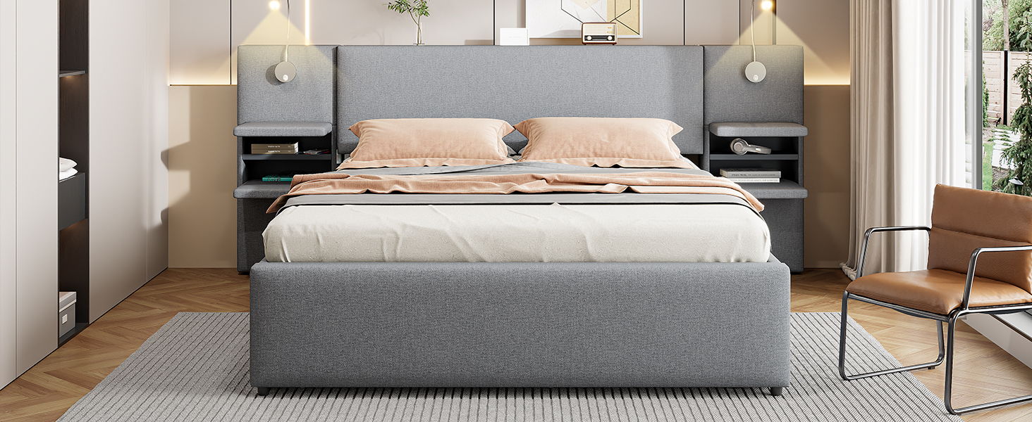 Upholstered Platform Bed With Reading Lights, Drawers, Trundle And Shelves