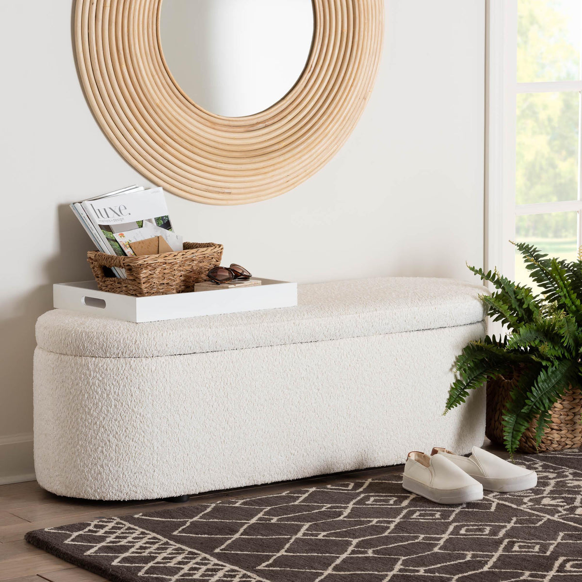Lavina Modern White Teddy-Bear Fabric Storage Bench