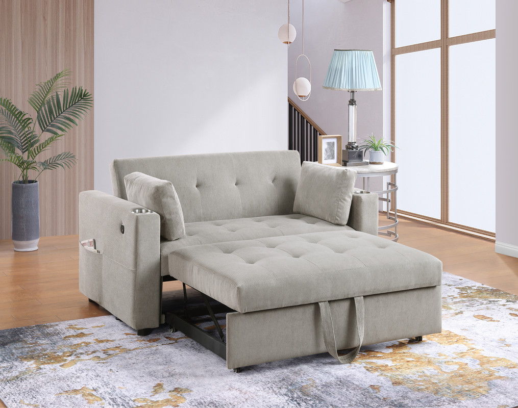 Luelle 57"W Gray Corduroy Convertible Sleeper Loveseat with Cupholders, USB Ports, Magazine Pockets, Pillows, Tufting