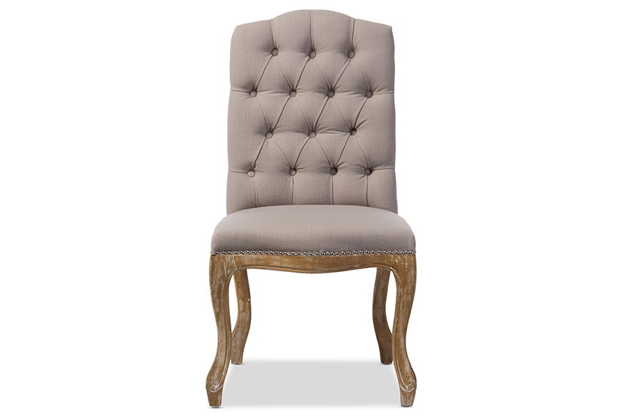 Hudson Chic Rustic French Country Cottage Weathered Oak Beige Fabric Button-tufted Upholstered Dining Chair