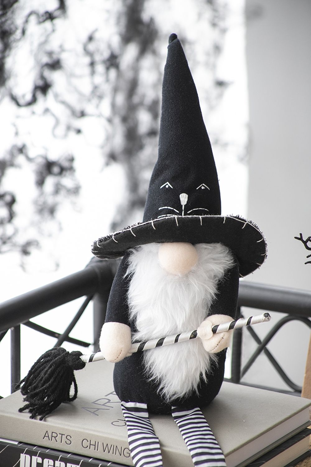 Sitting Gnome With Broomstick & Long Legs, For Halloween Decor - Black White