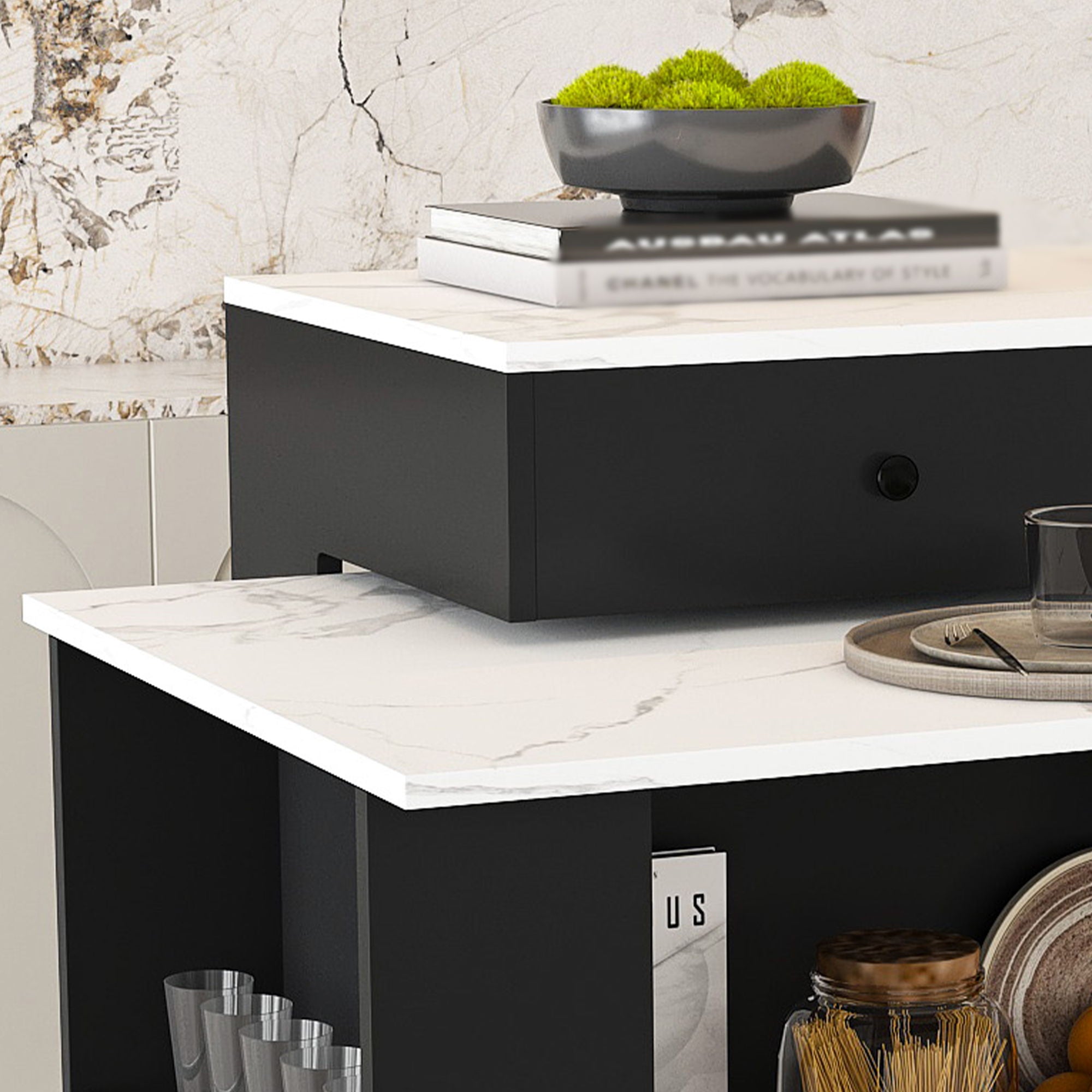 Kitchen Island With Extendable Rotating Table, 4 Drawers & Glass Door Cabinets, Built In Socket - Black