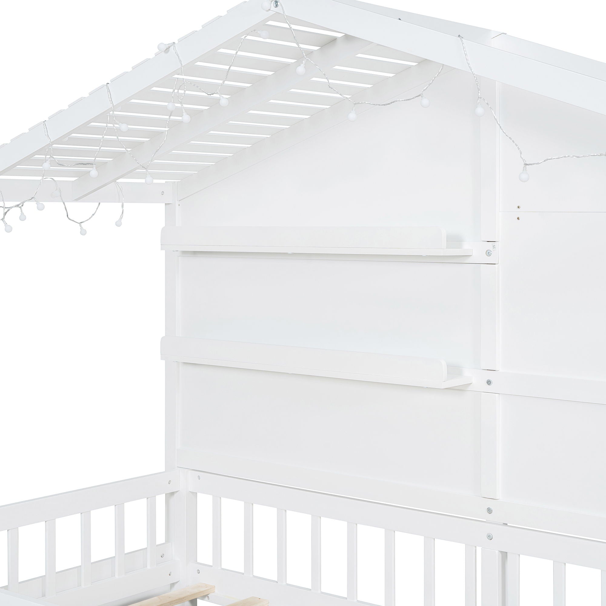 House Bed With Shelves, Window And Sparkling Light Strip On The Roof