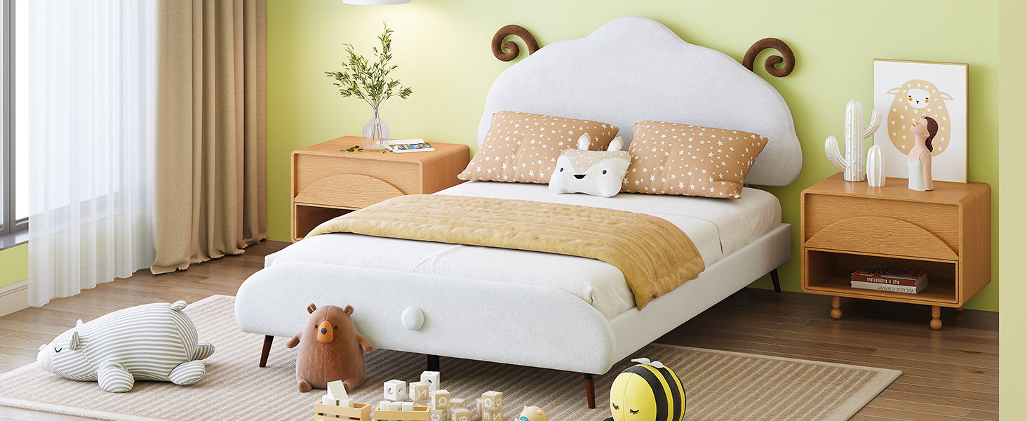 Upholstered Platform Bed With Sheep Shaped Headboard