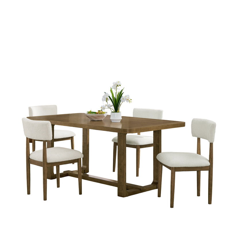 Darla 5Pc 72" Rectangular Walnut Oak Finish Sled Dining Set with Beige Sherpa Fabric Chairs