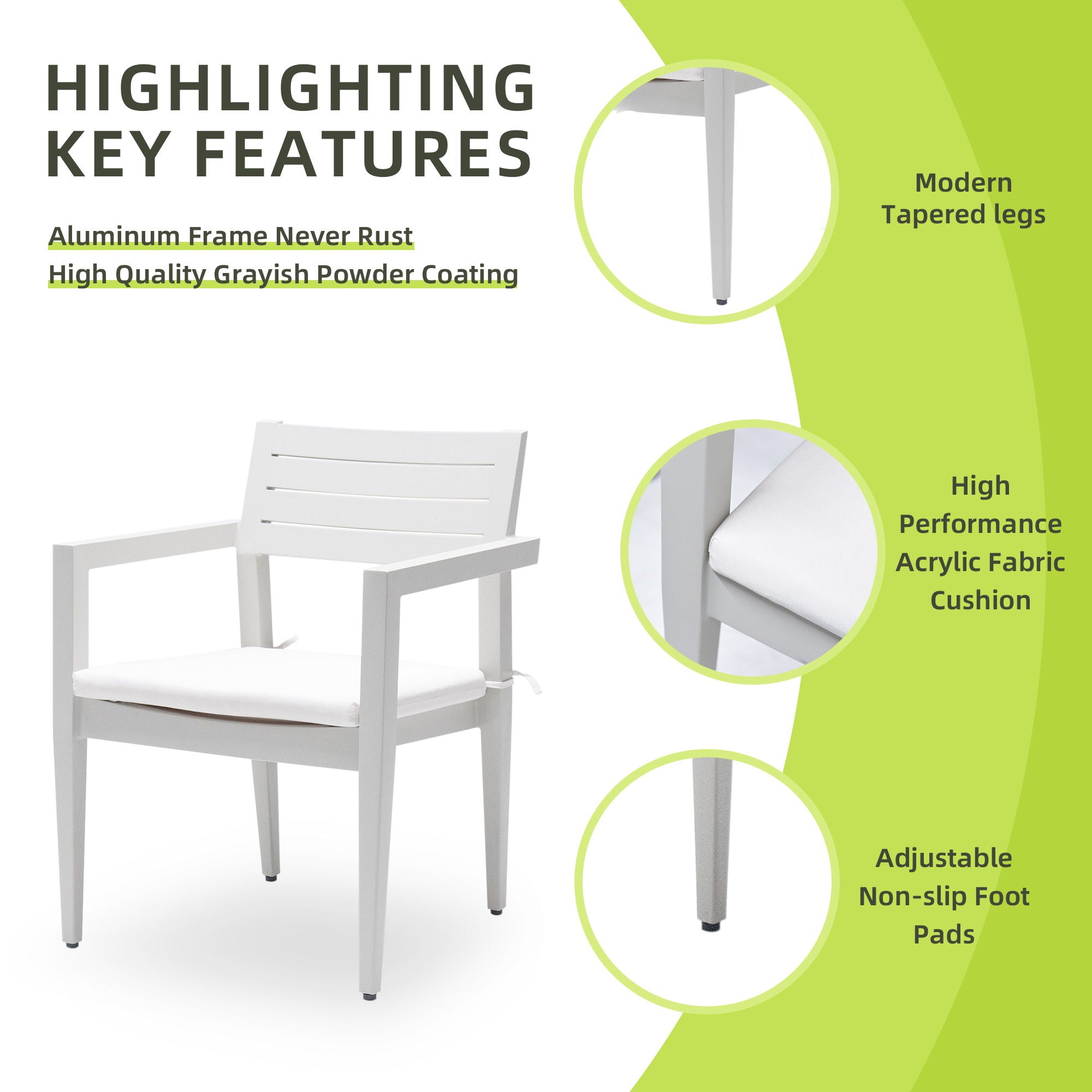 Outdoor Patio Stationary Dining Chairs With Outdoo Grade Sunbrella Fabric Cushions, Tapered Feet (Set of 4) - Grayish