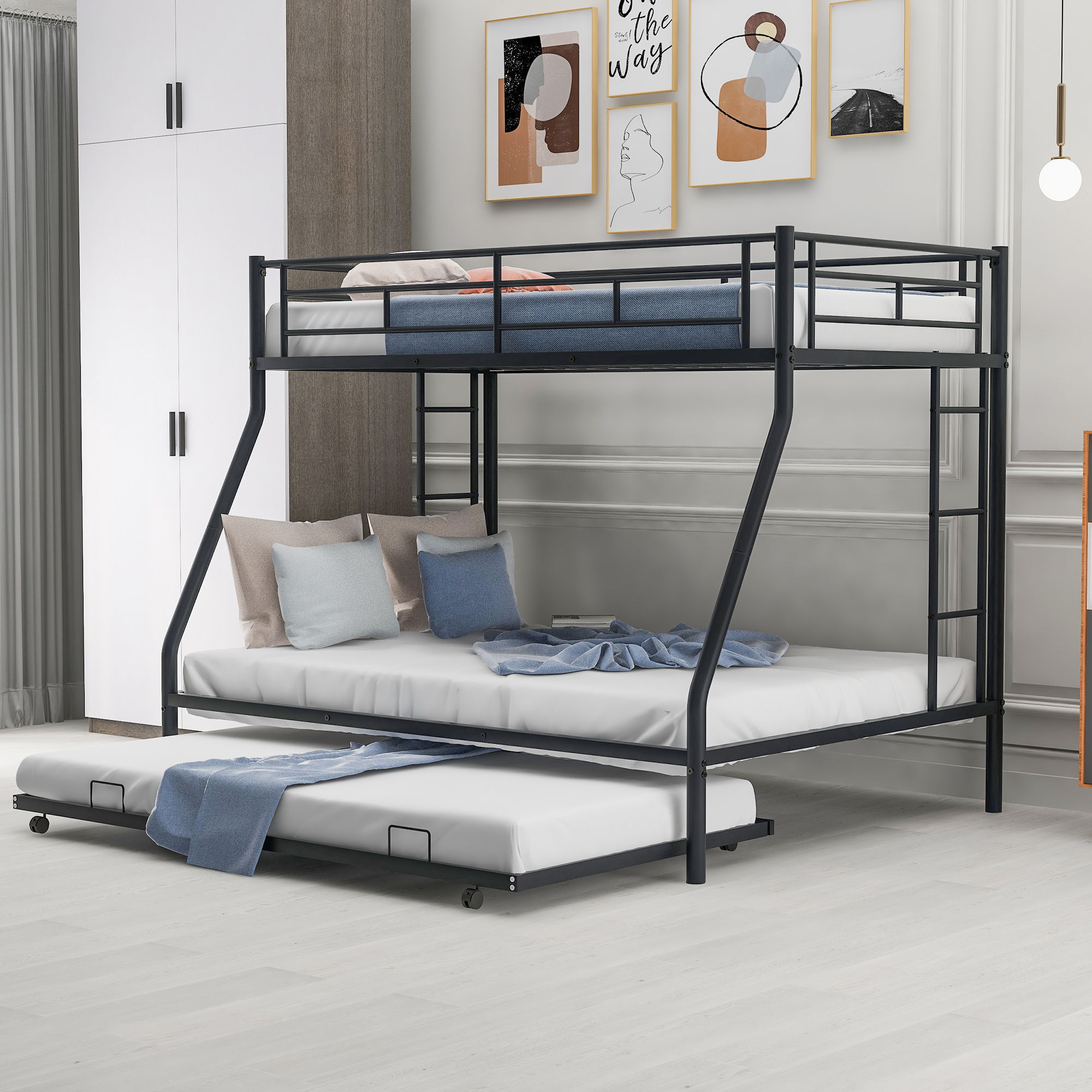 Bunk Bed With Steel Frame And Trundle, 2 Side Ladders