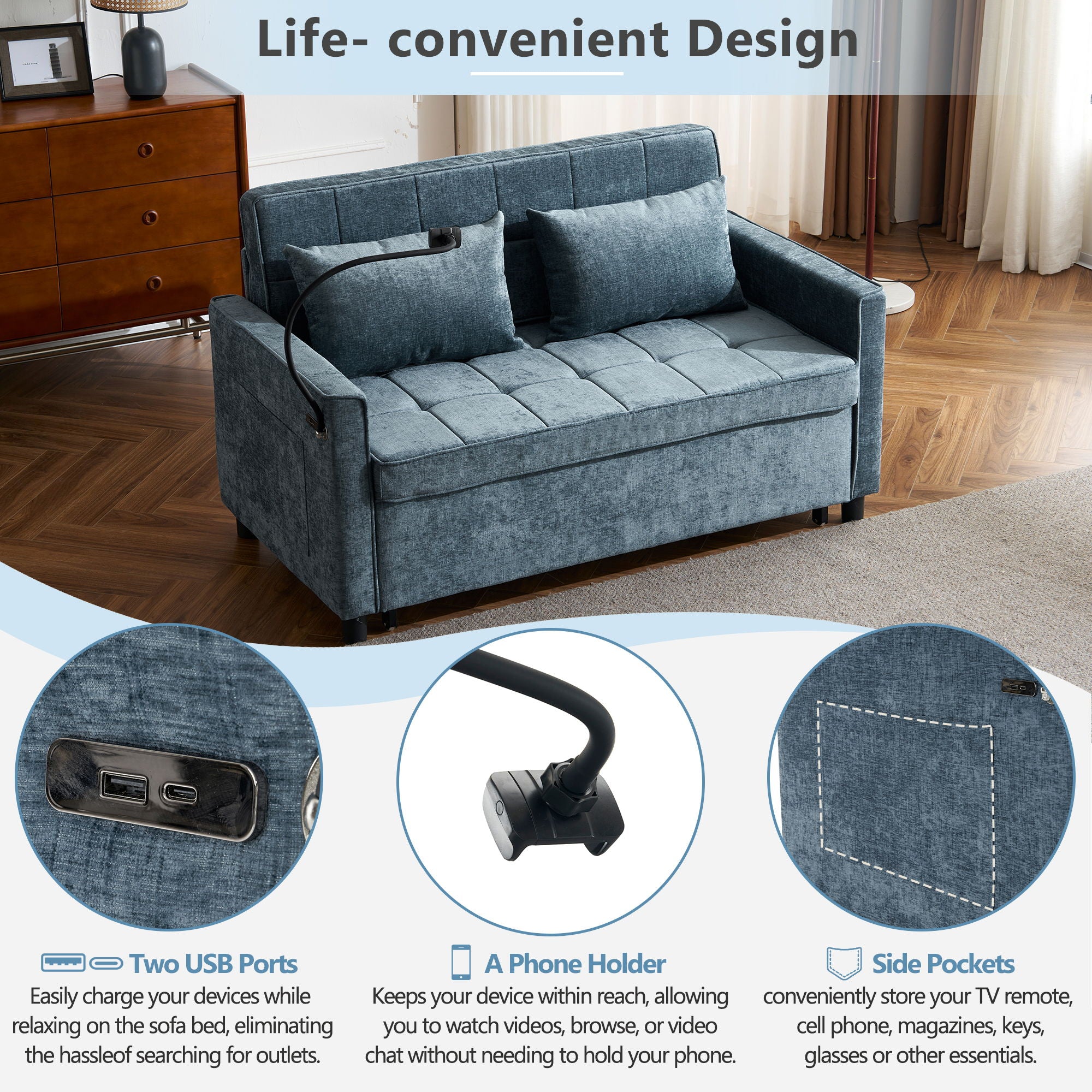 Pull-Out Sleeper Sofa With Reversible Backrest Cushion, Side Pockets, 2 USB Ports And A Phone Holder For Living Room