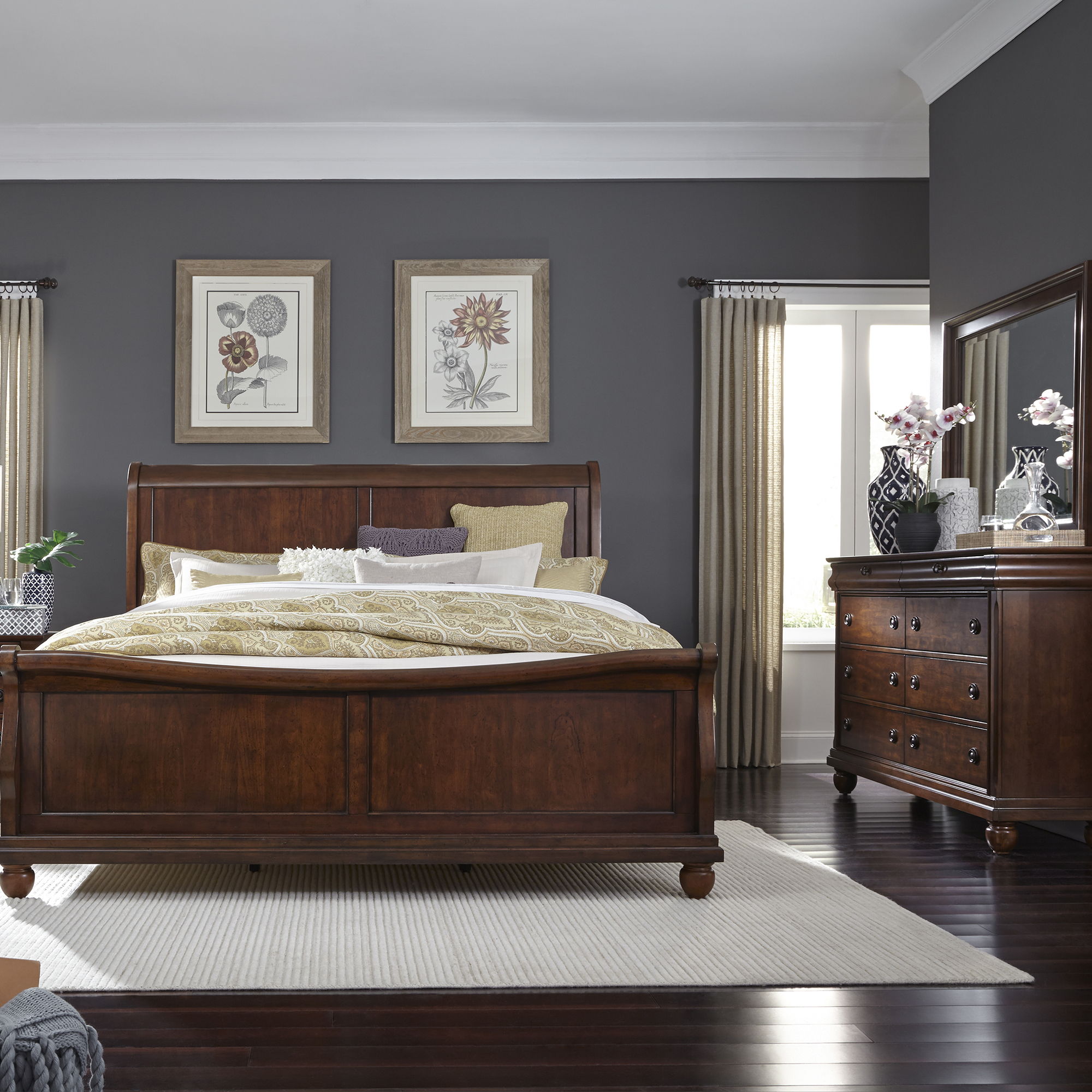 Liberty Furniture Rustic Traditions - Sleigh Bed, Dresser & Mirror | Meri Furniture