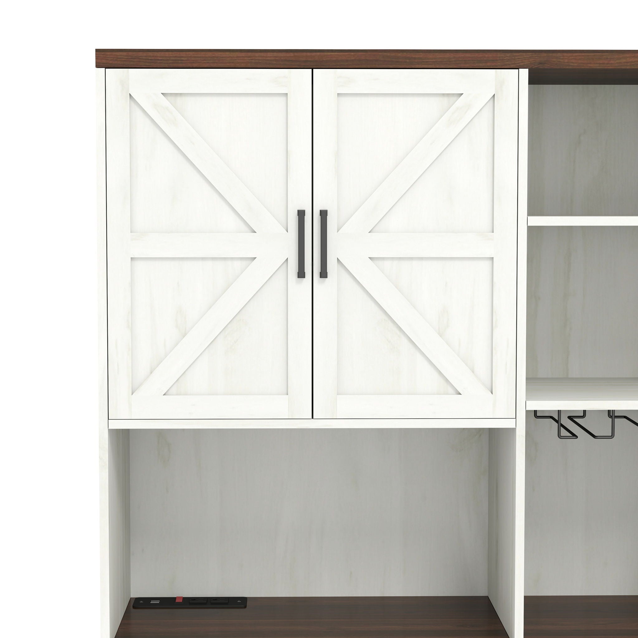 Farmhouse Kitchen Pantry Sideboard With Cabinet And Drawer, Multi Functional Kitchen Buffet With Hutch And Glass Holder, Microwave Stand With Charging Station - Brown / Antique White