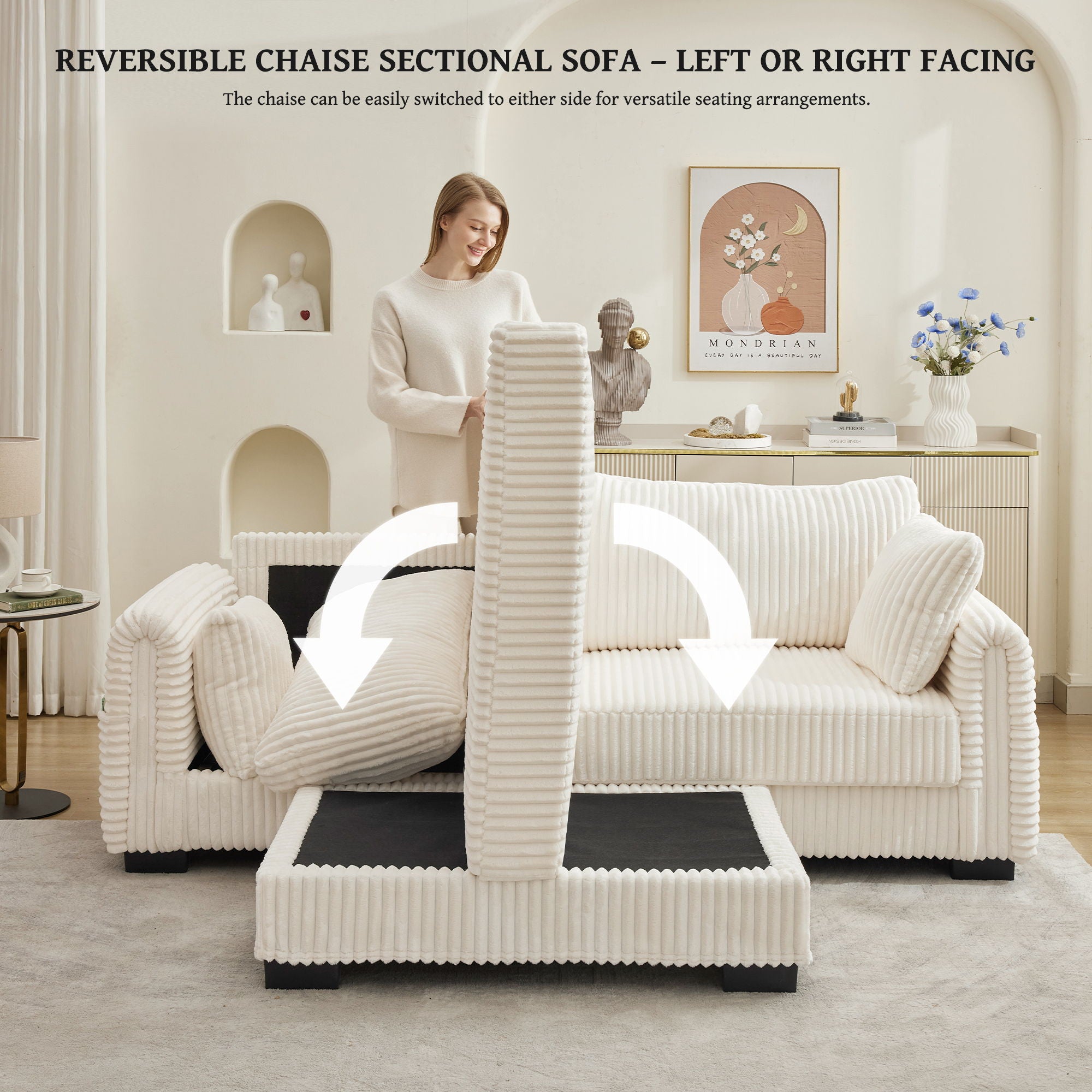 2 Seater L Shaped Chaise Sofa With Reversible Cushion, USB - C Charging Port, Storage Pocket, Convertible Left / Right Design