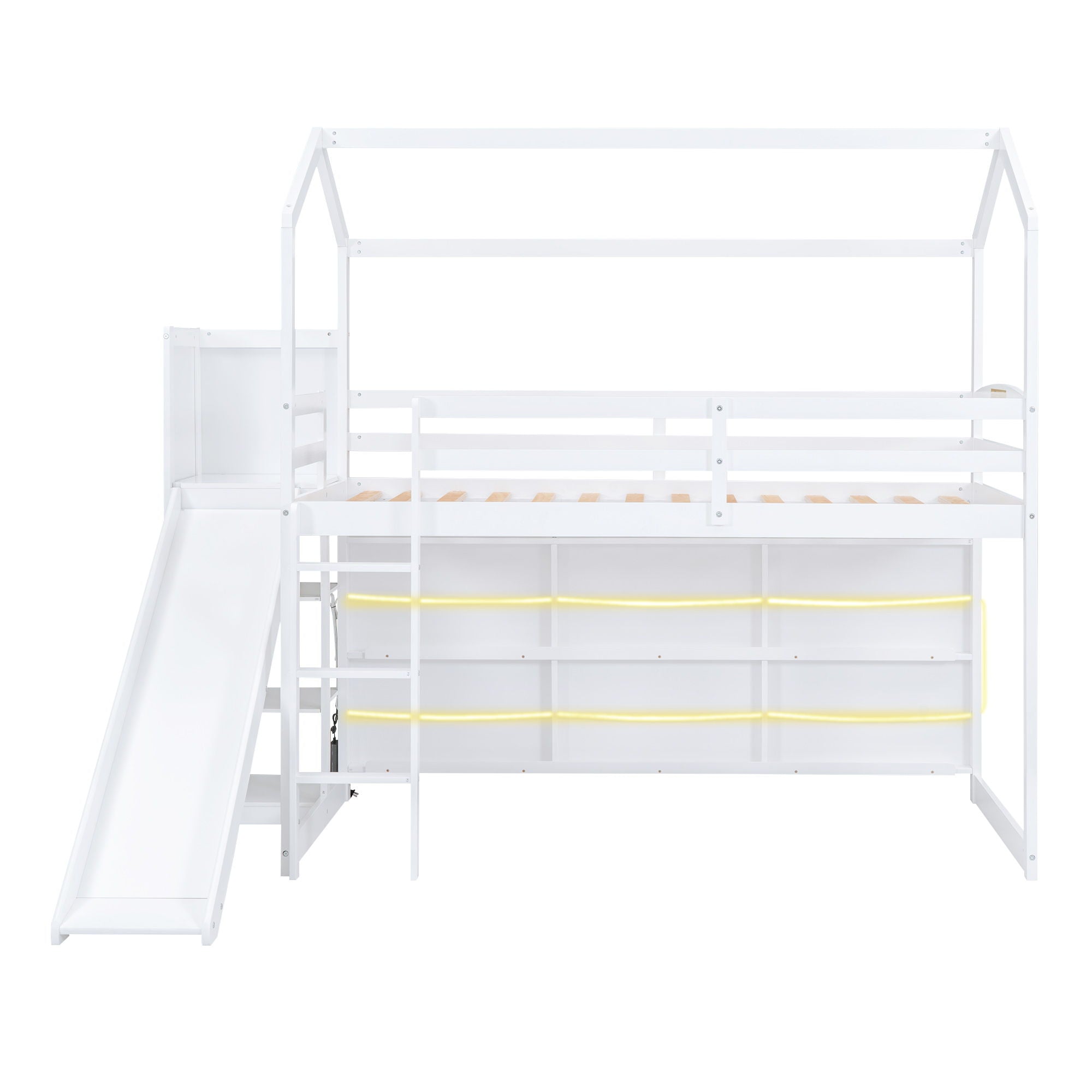 House Loft Bed With Slide, Storage Shelves And Light, Climbing Ramp