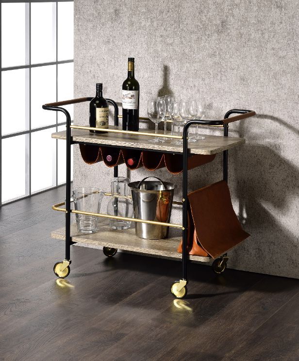 ACME Naude - Serving Cart - Natural, Gold & Black Finish | Meri Furniture