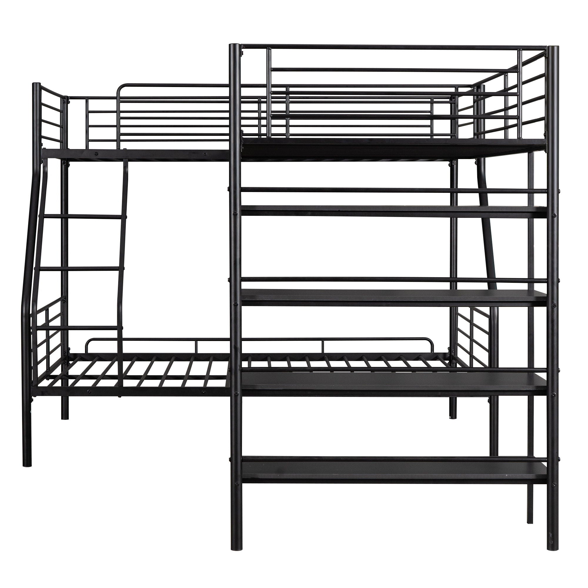 L-Shaped Twin Over Full Bunk Bed And Twin Loft Bed With 4 Built In Shelves - Black
