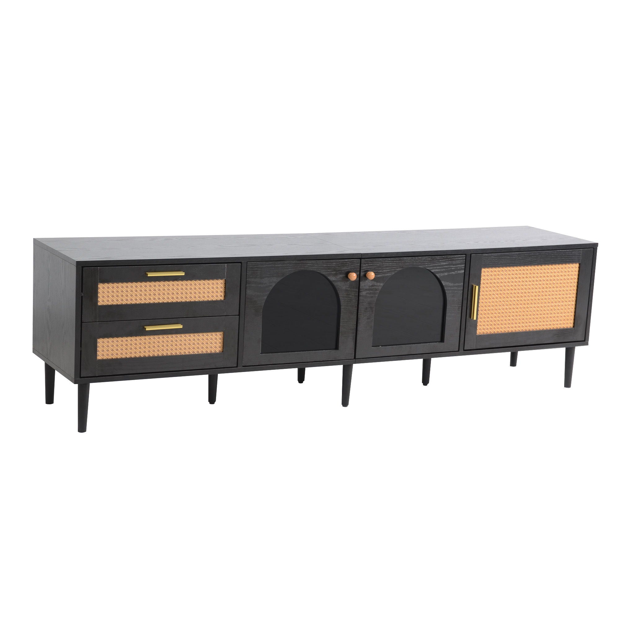 Rattan TV Stand With 3 Cabinets & 2 Drawers, Rattan-Inspired Media Console Table For Tvs Up To 80'', LED Light Entertainment Center, TV Cabinet For Living Room - Black