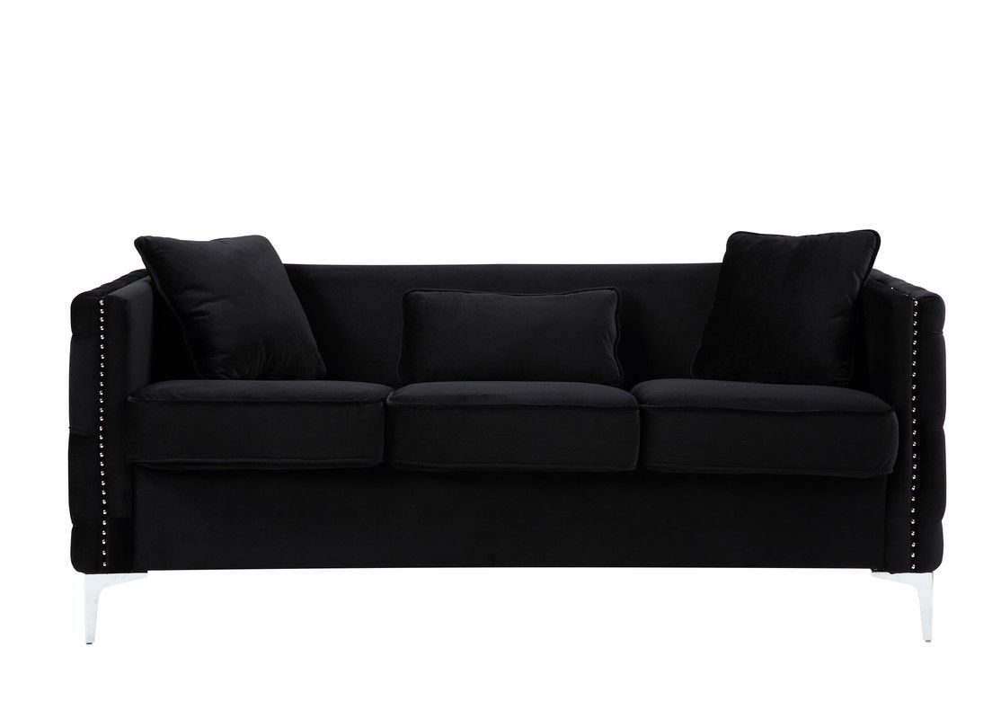 Bayberry 73"W Black Velvet Sofa with 3 Pillows