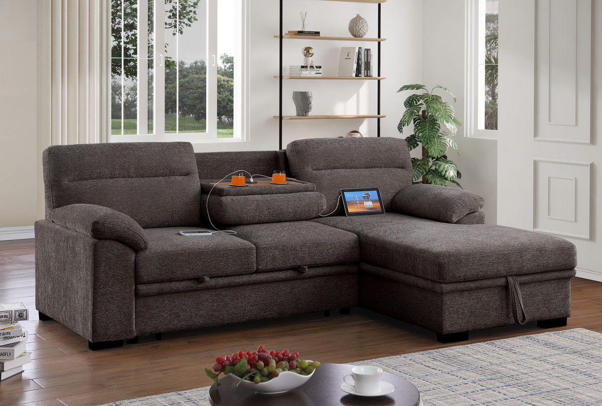 Kipling II 94"W Brown Chenille Fabric Sleeper Sectional Sofa with Right-Facing Chaise, Cupholders, USB Charging port