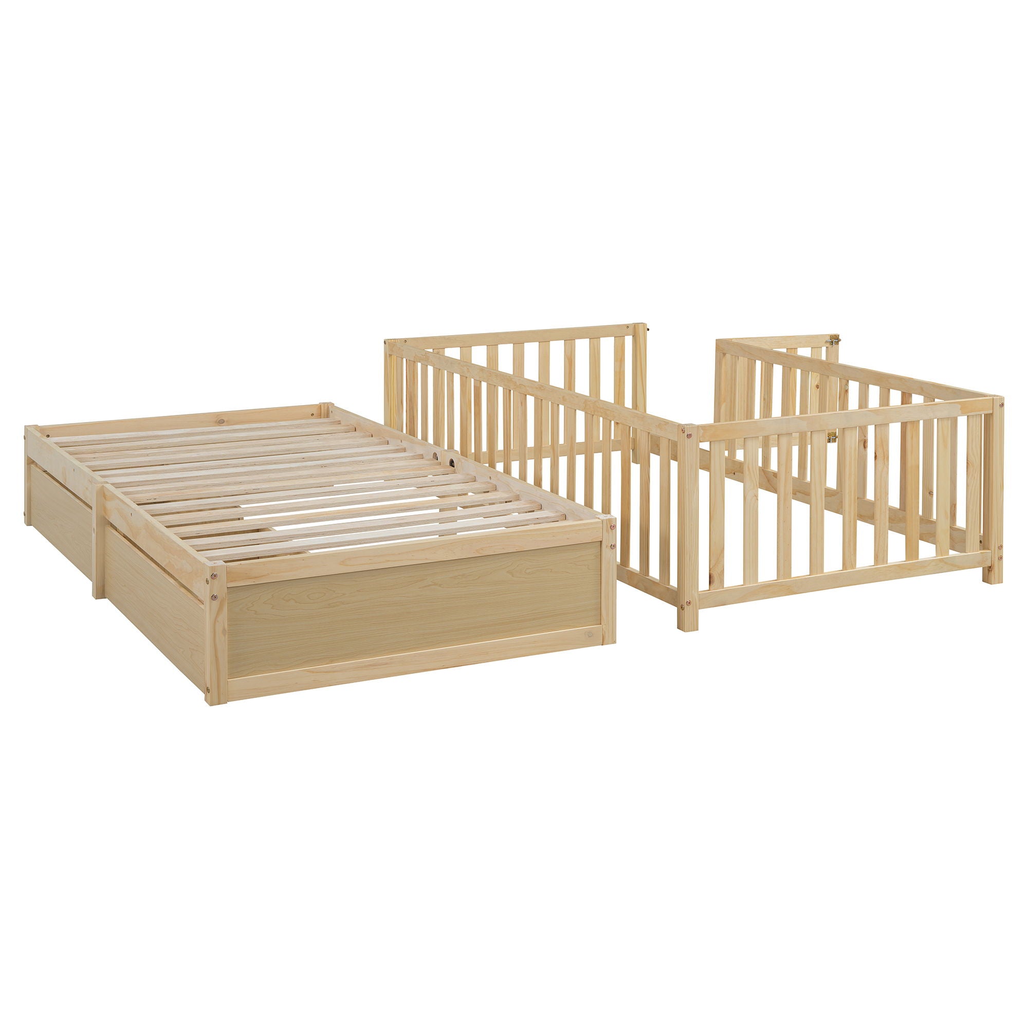 Daybed With Fence Guardrails And 2 Drawers, Split Into Independent Floor Bed & Daybed