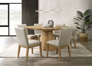 Jasper Driftwood Finish 7 Piece 59" Round Dining Table Set with Pedestal Base and Beige Fabric Chairs