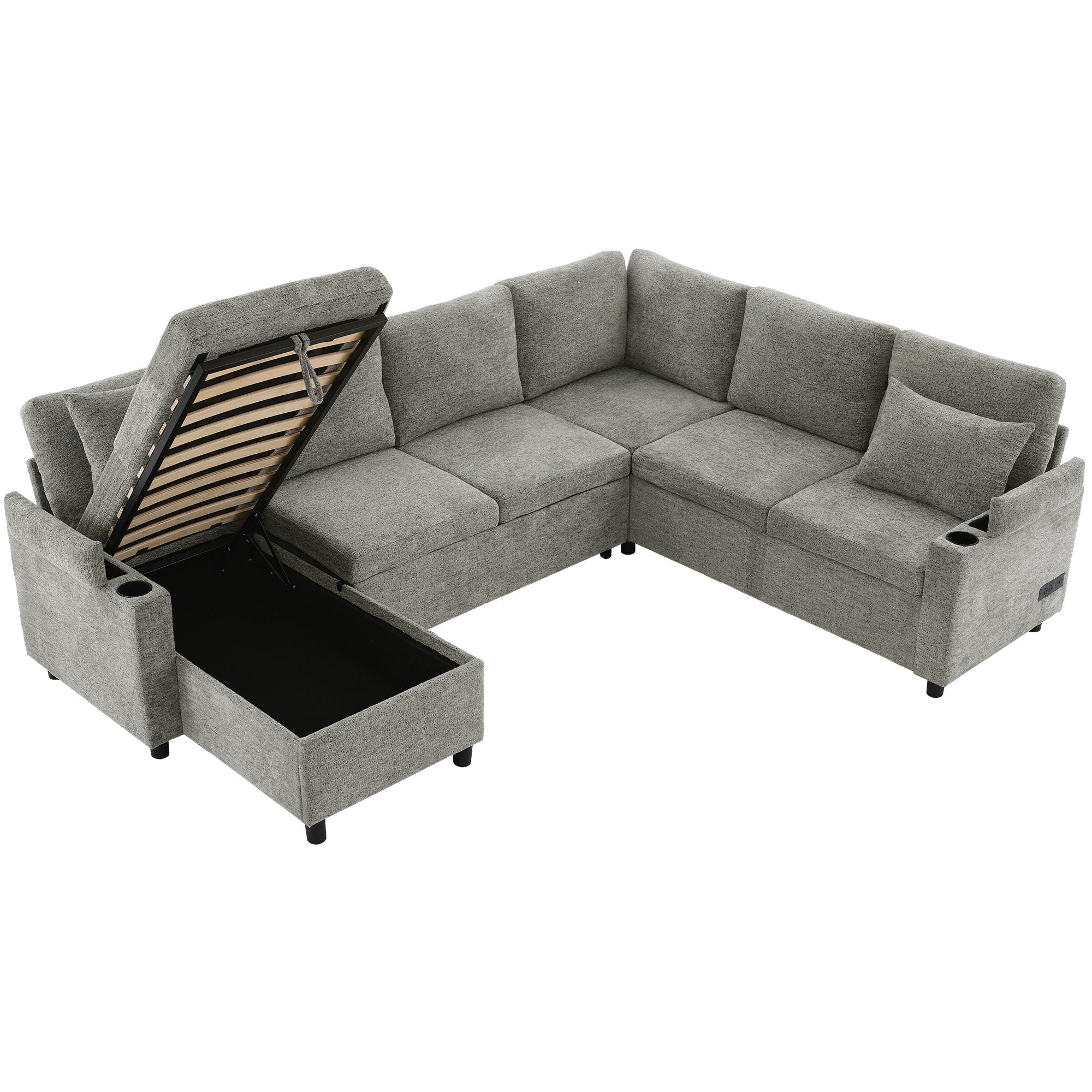 U-Shaped Sectional Sleeper Sofa With Ample Storage Space, 2 Cup Holders And Charging Ports For Living Room