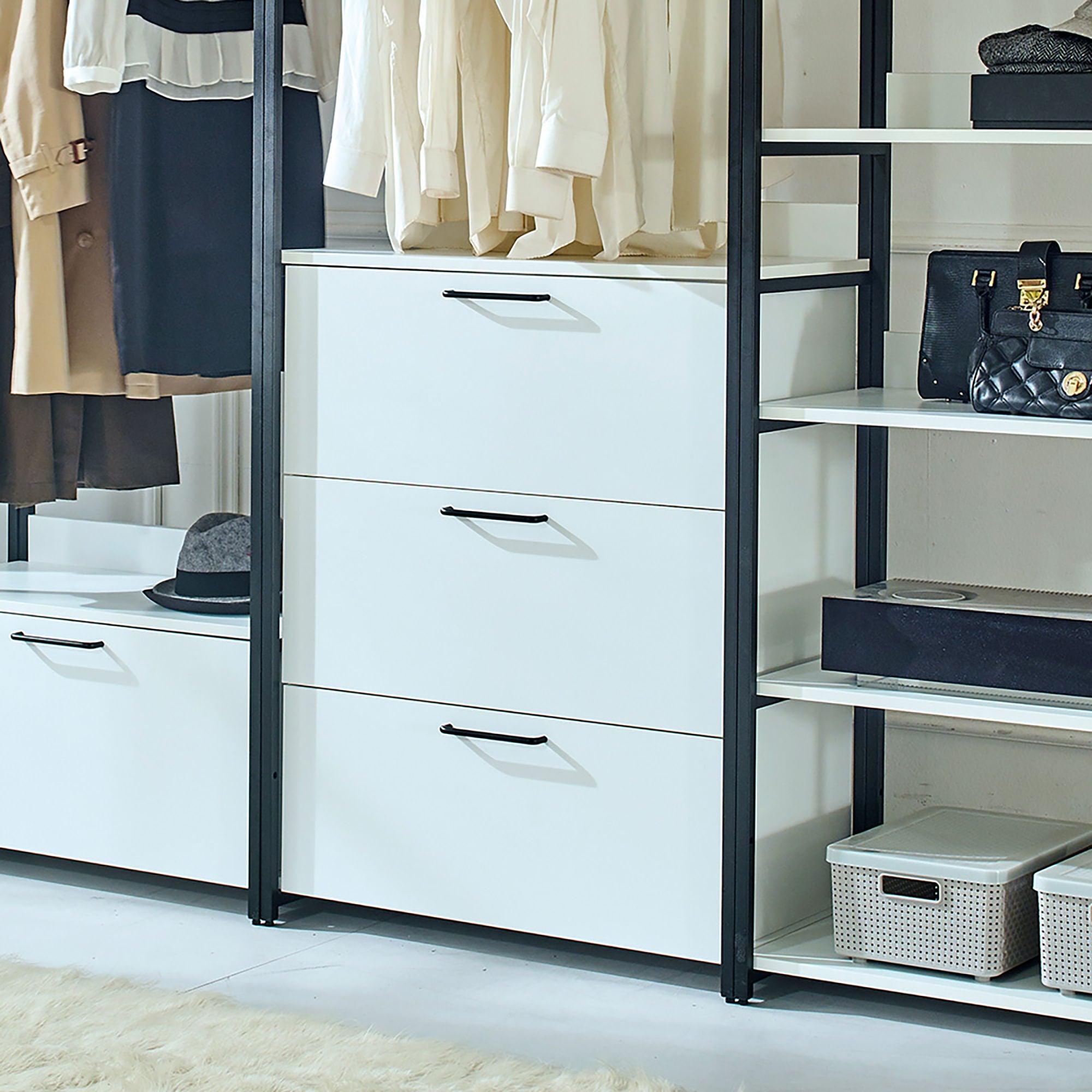 Fiona - Freestanding Walk In Wood Closet System & Metal Frame Durable Storage Solution Melamine - White