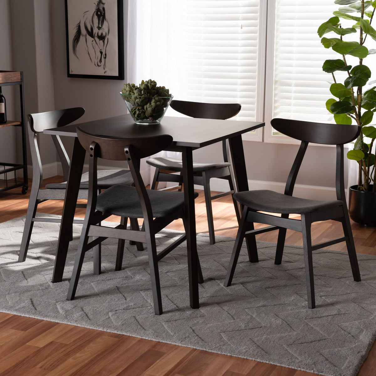 Britte Mid-Century Modern Dark Grey Fabric Upholstered Dark Oak Brown Finished 5-Piece Wood Dining Set