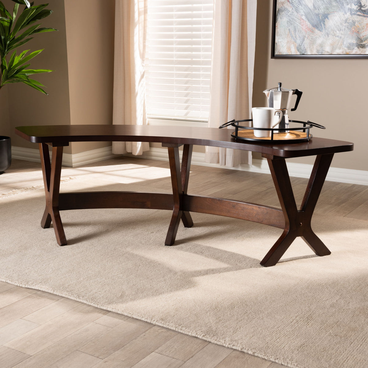 Berlin Mid-Century Modern Walnut Finished Wood Curved Dining Bench