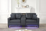 Genesis 85"W Black PVC Fabric Sofa with LED Lights, USB Charger, Storage Console, Cupholders, Tufted Cushions