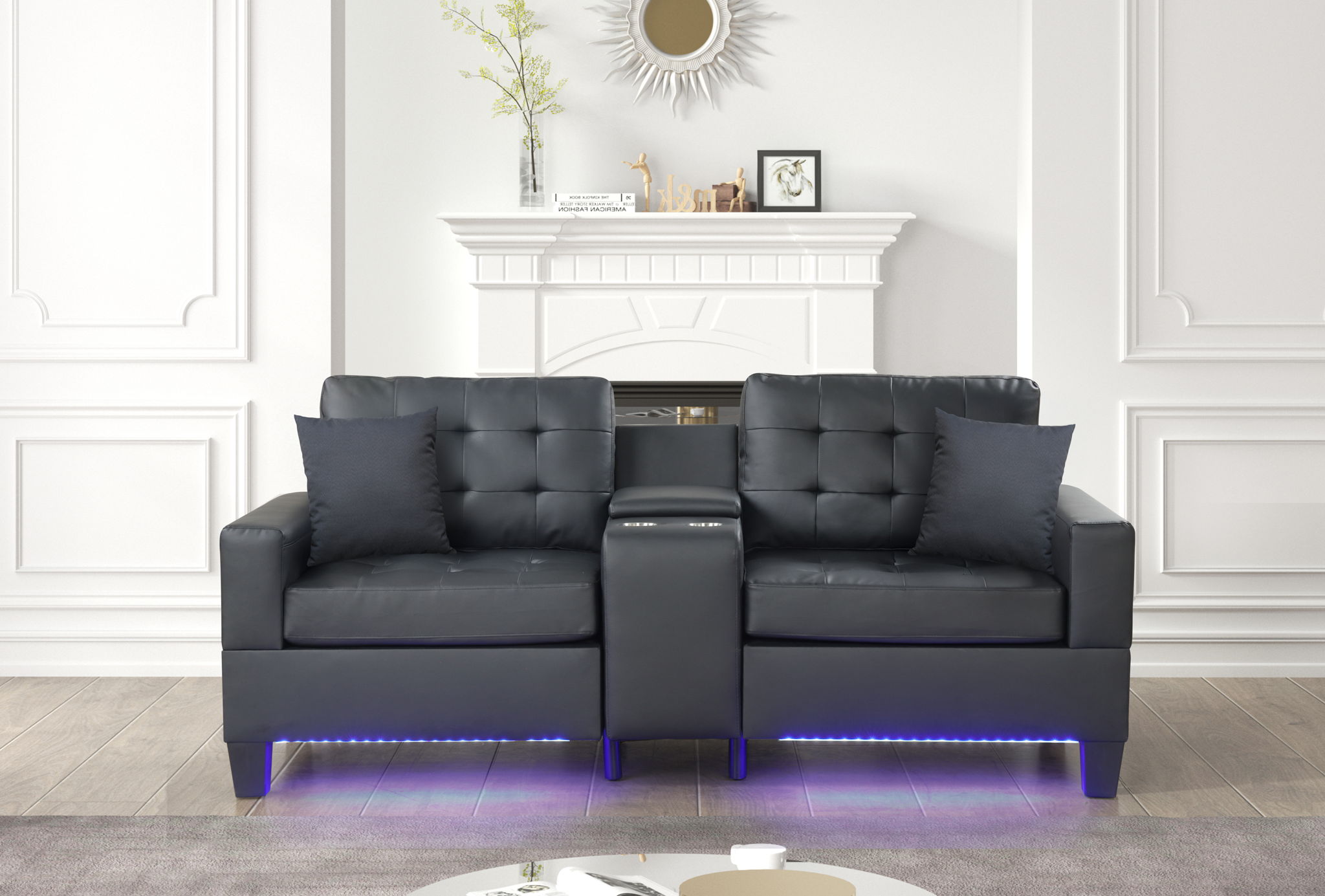 Genesis 85"W Black PVC Fabric Sofa with LED Lights, USB Charger, Storage Console, Cupholders, Tufted Cushions