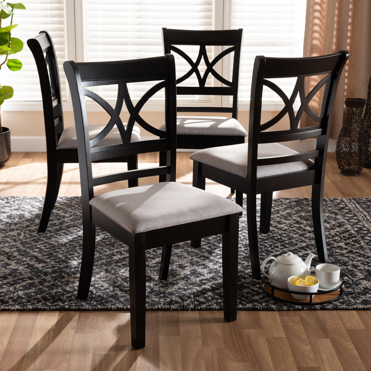 Clarke Modern and Contemporary Grey Fabric Upholstered and Espresso Brown Finished Wood 4-Piece Dining Chair Set