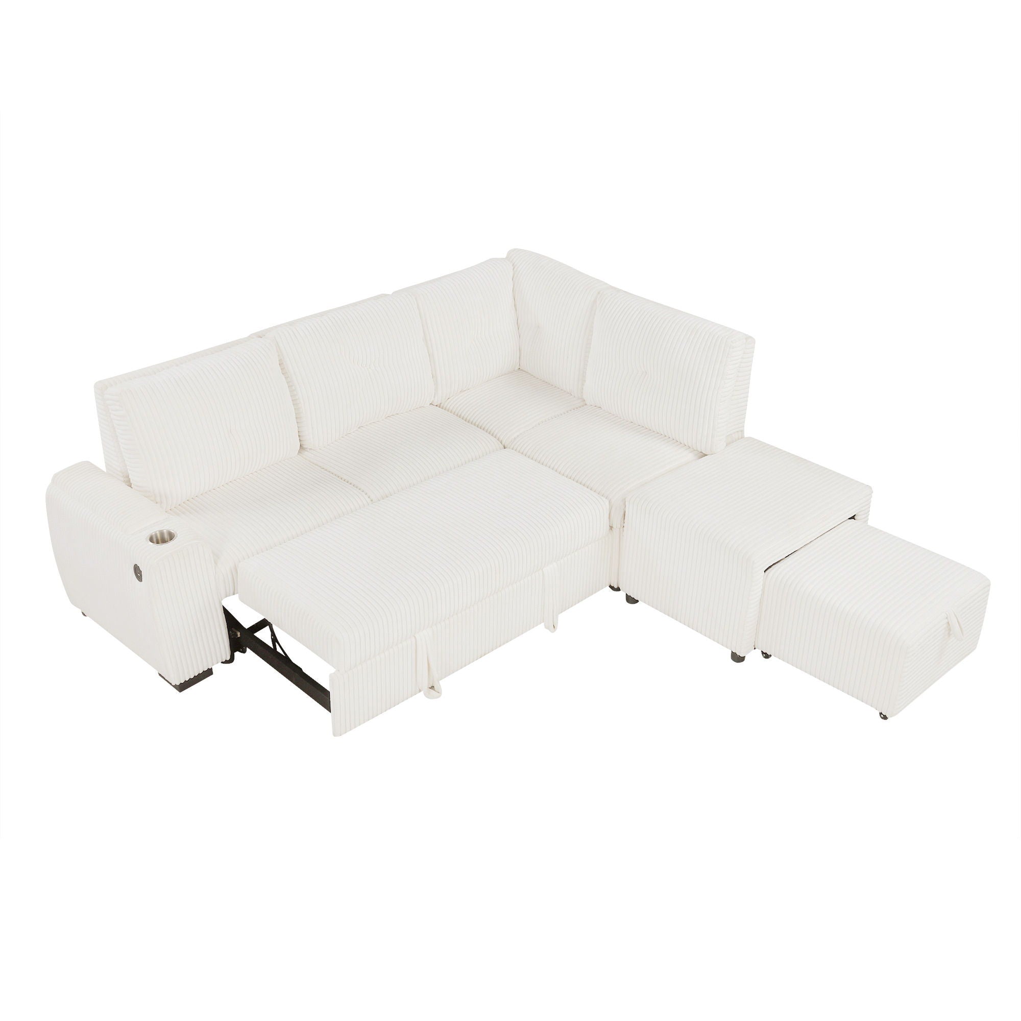 Pull-Out L-Shaped Sectional Sofa With Movable Ottoman And Stool, Large Storage Space, A Cup Holder, And 2 USB Ports For Living Room