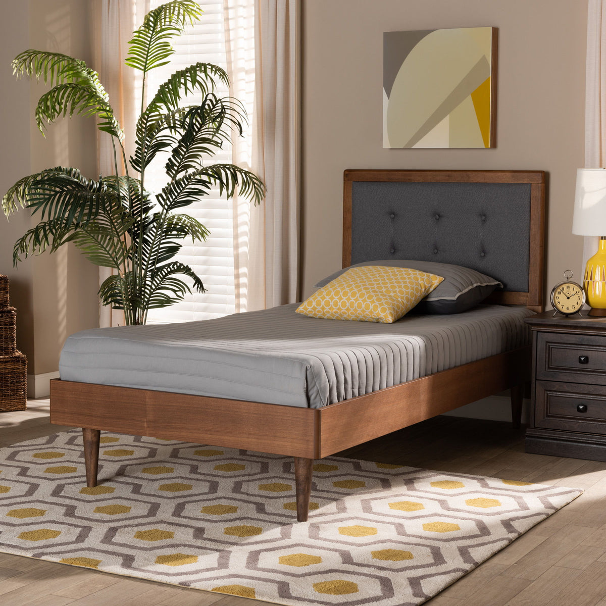 Greta Mid-Century Modern Dark Grey Fabric Upholstered and Walnut Brown Finished Wood Twin Size Platform Bed